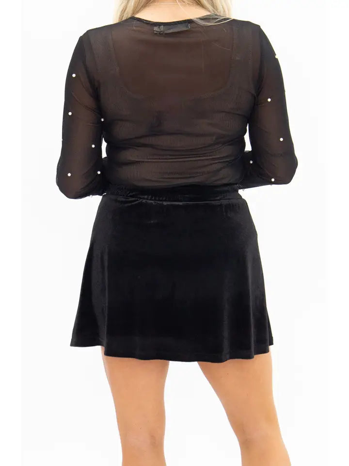 Mesh Long Sleeve Top with Pearls Detail