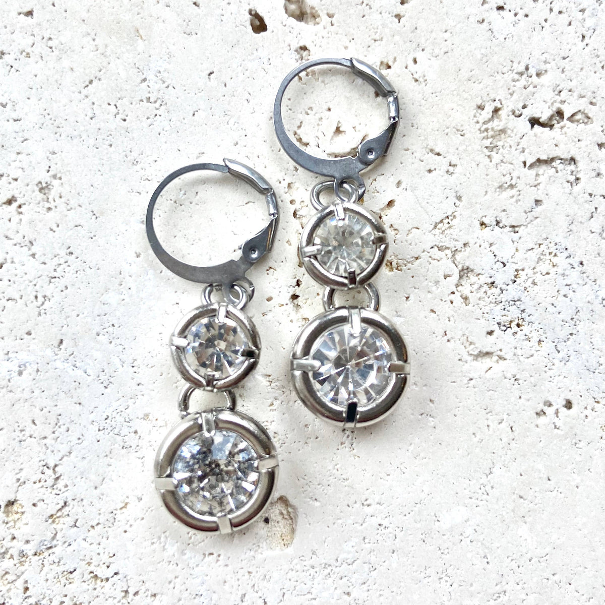 Silver Double Crystal Drop Earrings