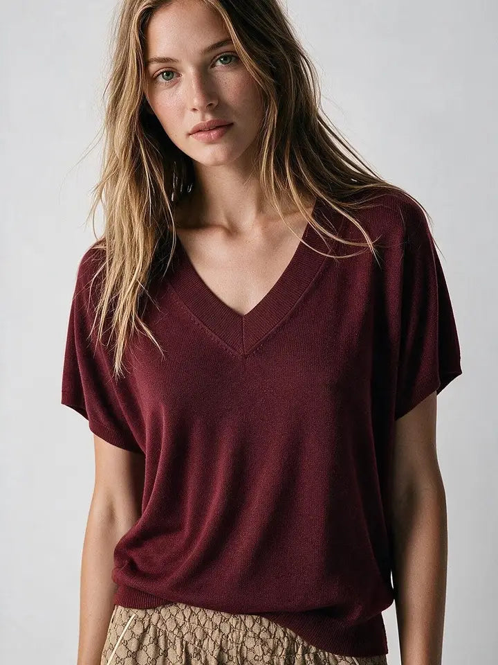 Fine-Knit V-Neck Sweater with Short Dolman Drop-Shoulder Sleeves