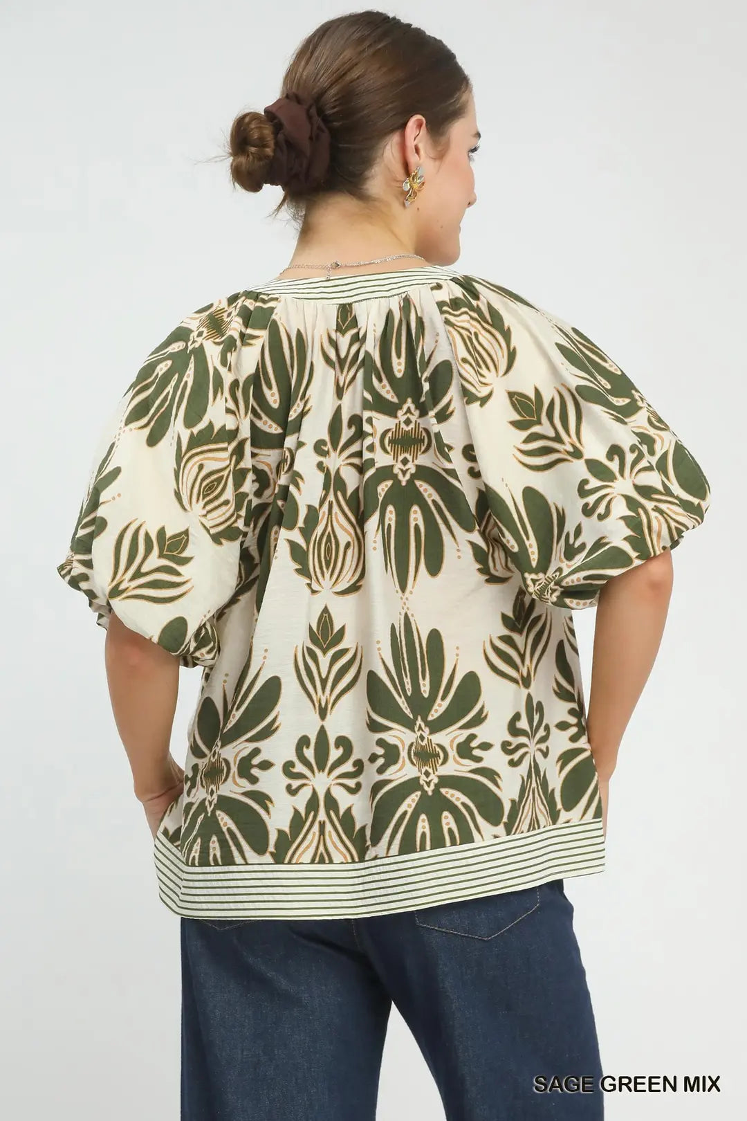 Sage Green Mix Puff Sleeve Top