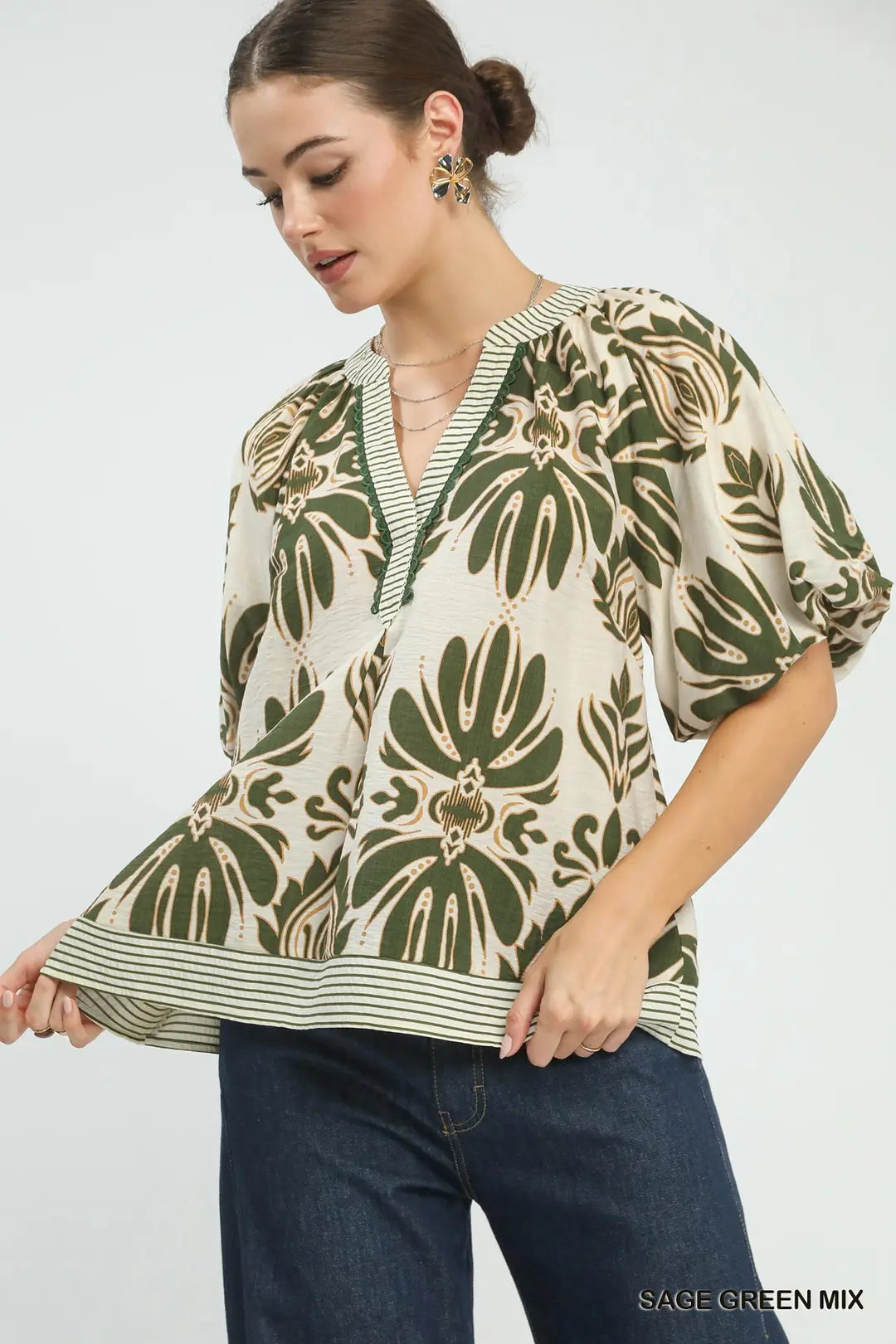 Sage Green Mix Puff Sleeve Top