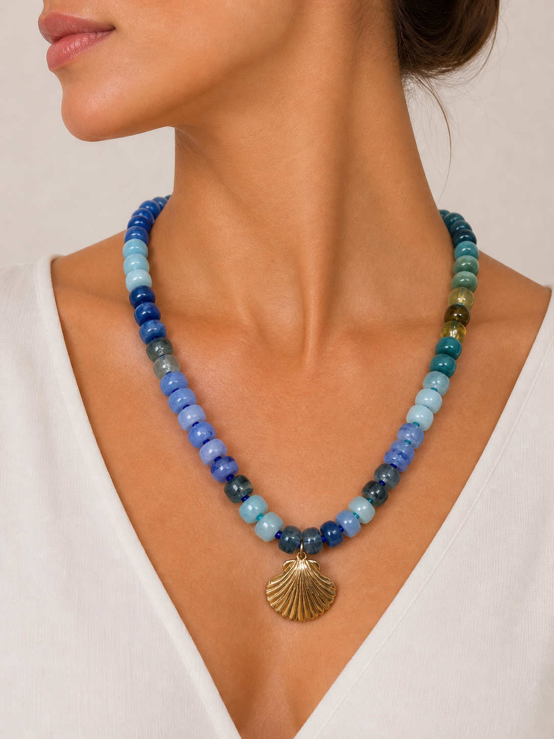 Blue Stone Beaded Shell Necklace