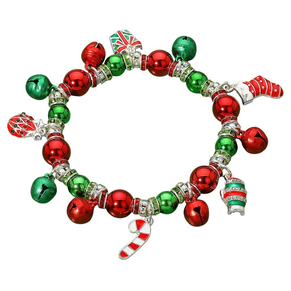 Holiday Motif Jingle Bell Christmas Charm Beaded Stretch Bracelet