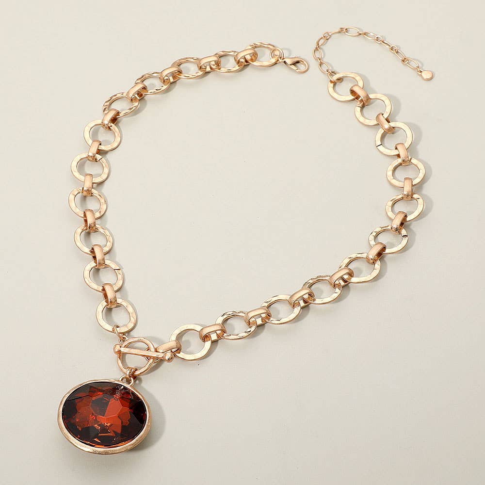 Bold Oval Gemstone Pendant Brushed Metal Chunky Chain Toggle Necklace