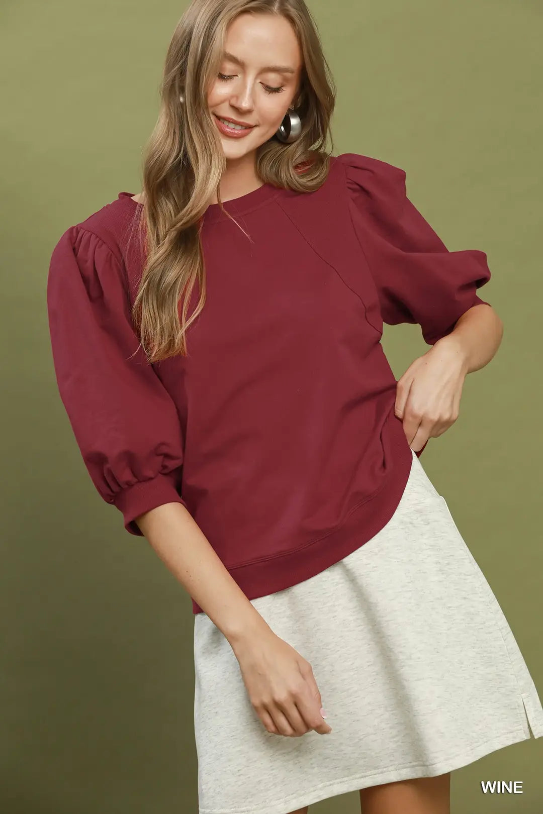 Wine French Terry Contrast Stitch Top