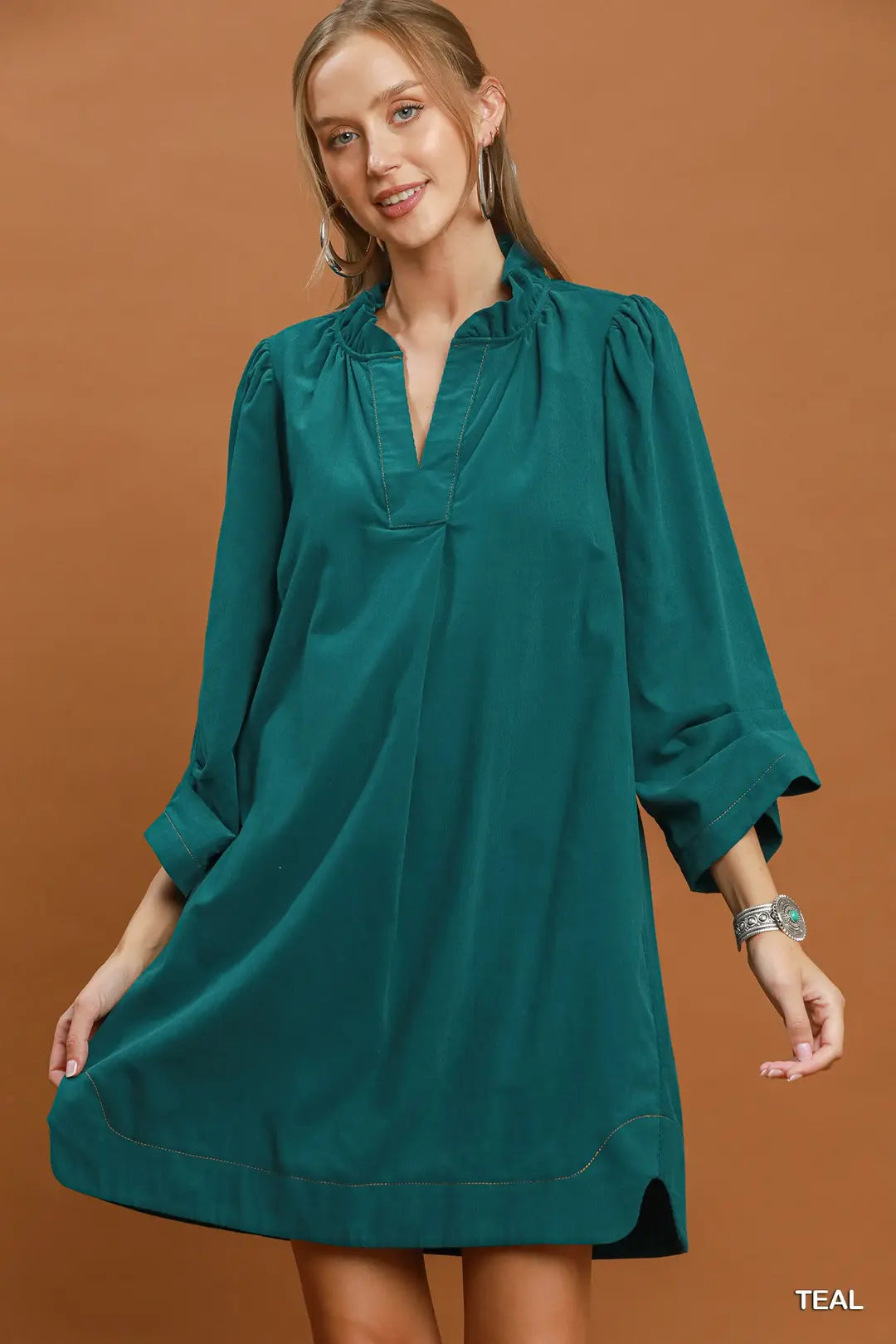 Teal Corduroy Ruffle Neck Dress