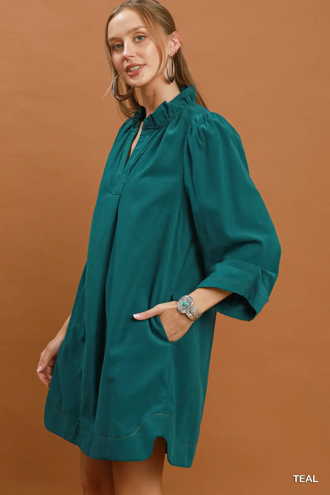 Teal Corduroy Ruffle Neck Dress