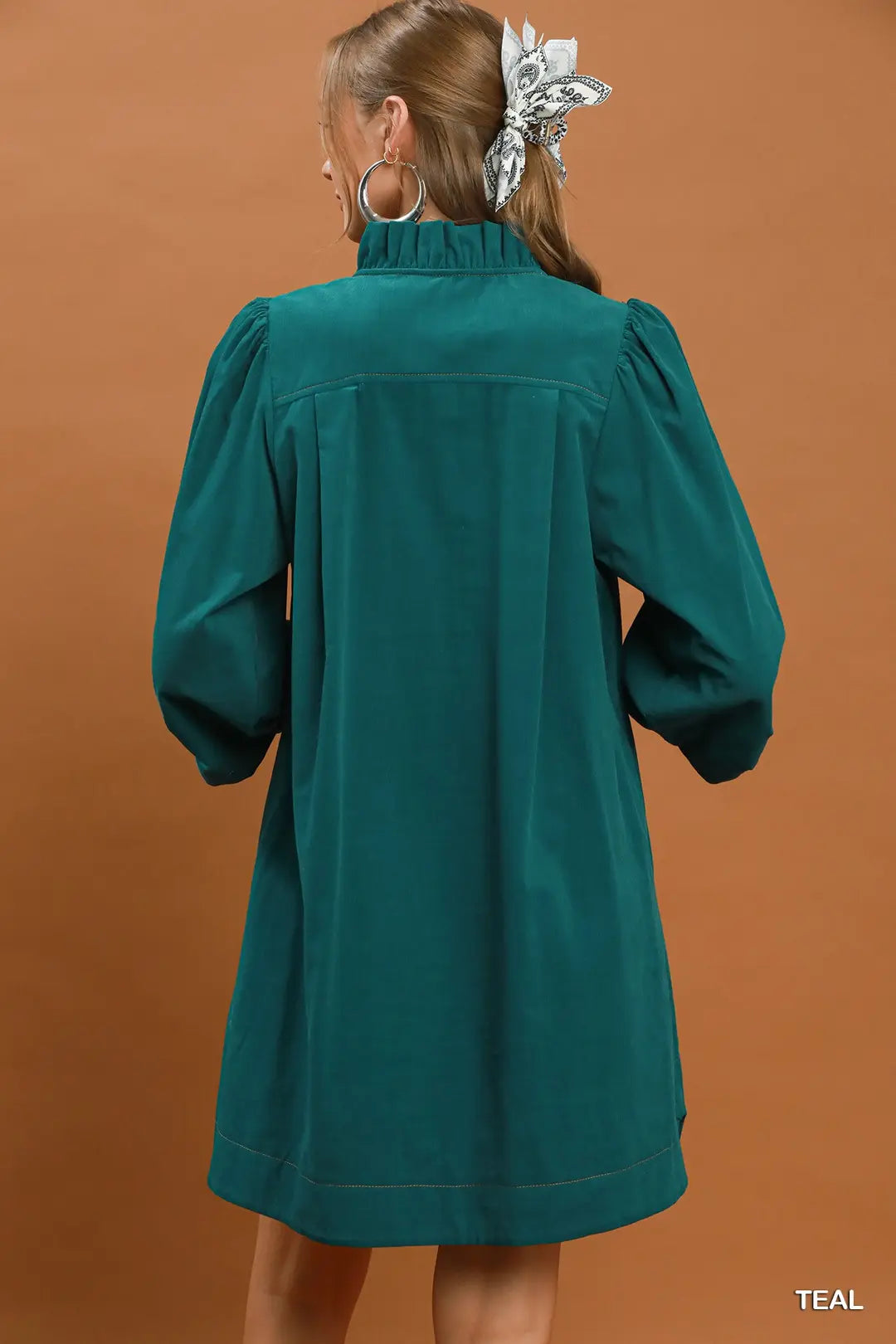 Teal Corduroy Ruffle Neck Dress