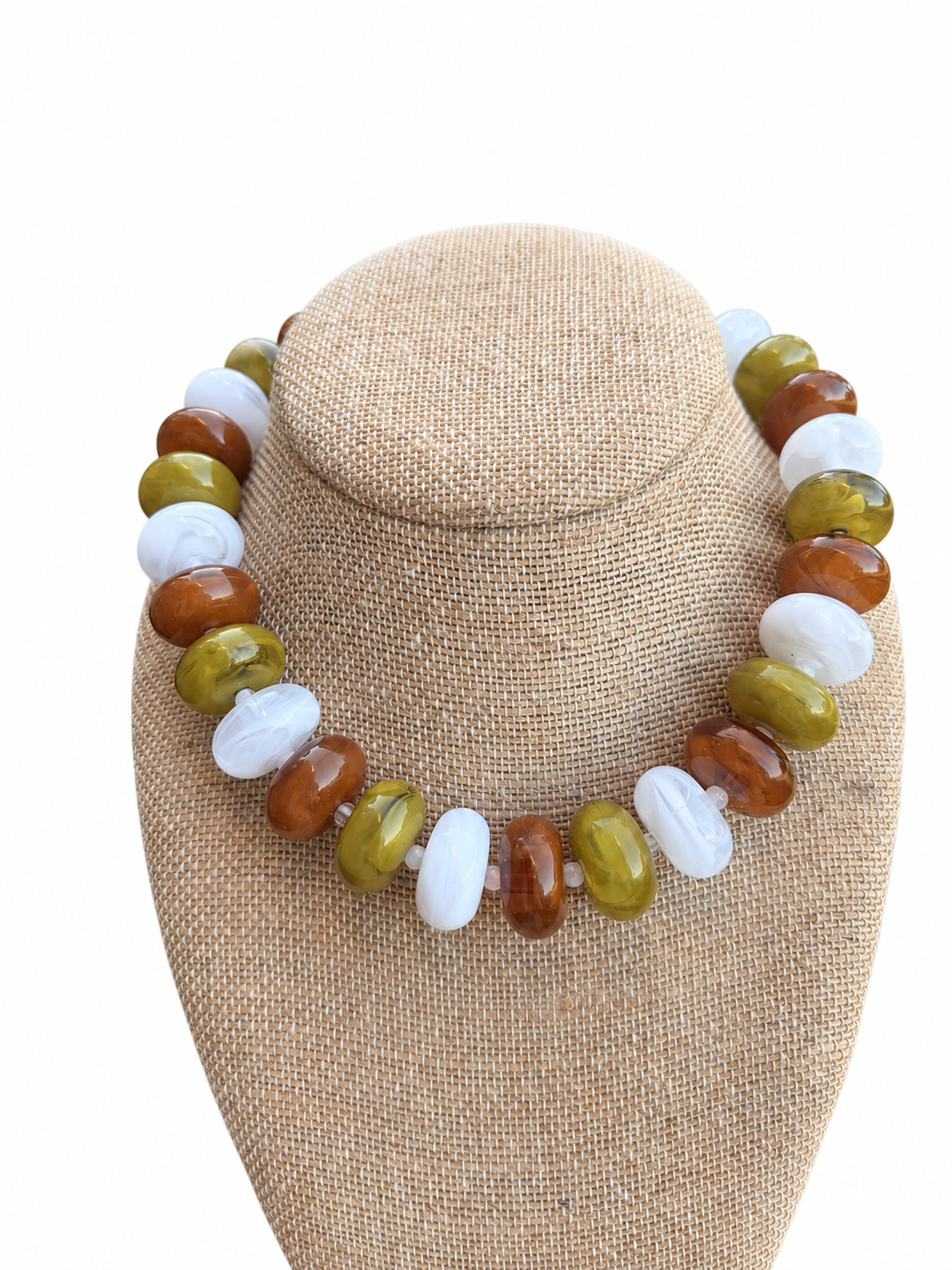 Harvest Glow Rory rondelle necklace in olive, amber brown and creamy white