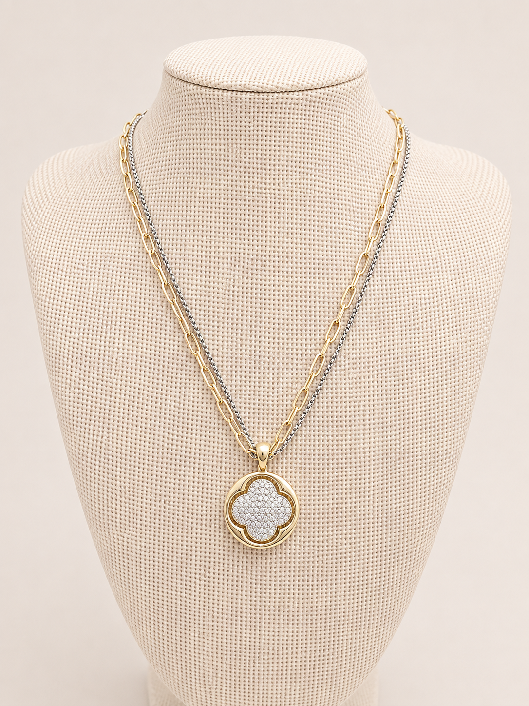 Two Tone Double Chain Pave Clover Necklace