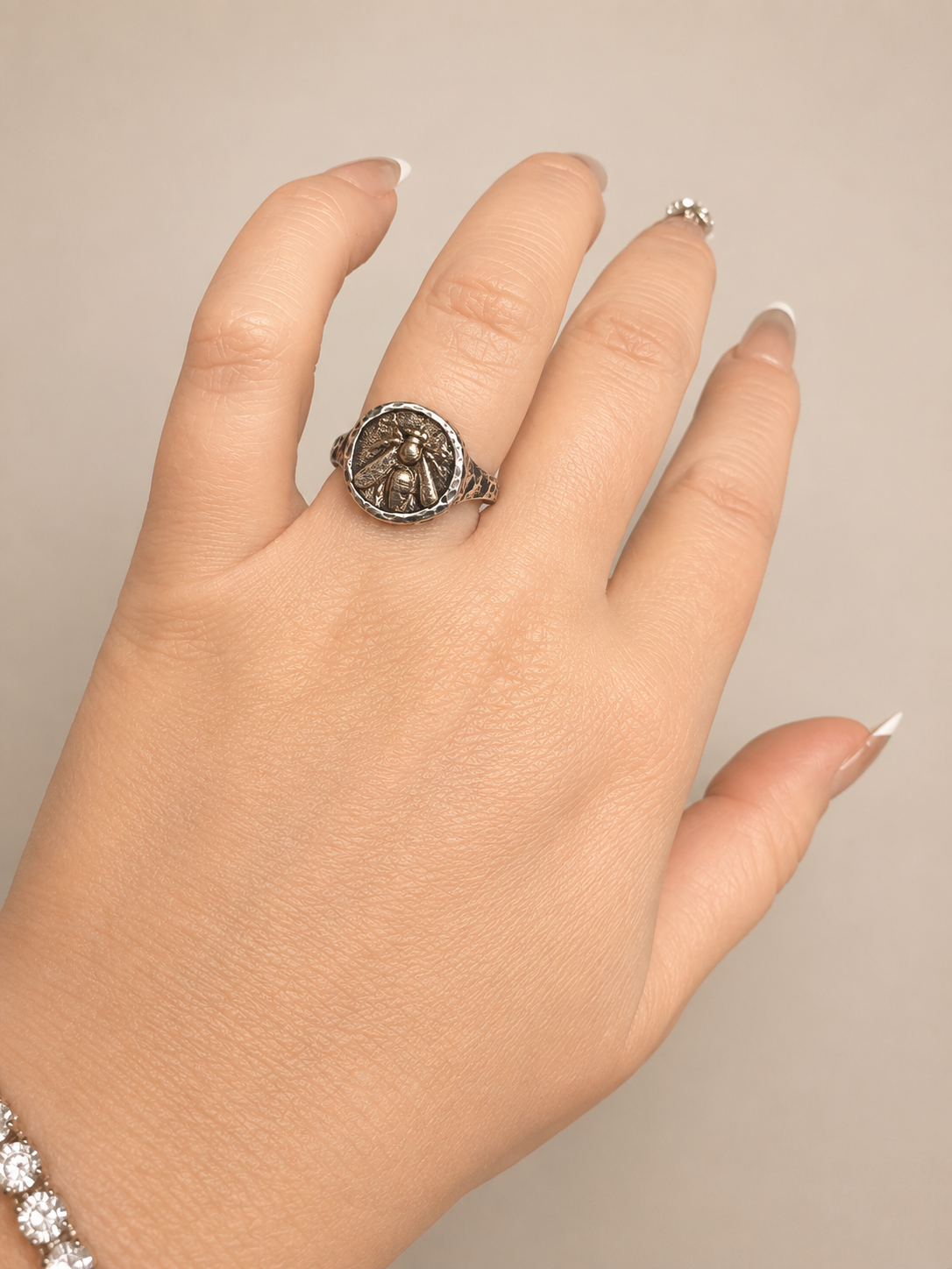 Oxidized Silver & Bronze Bee Coin Ring -Size 9