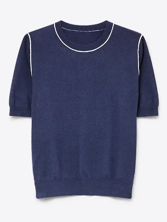Navy Fine Knit Contrast Piping Short Sleeve Crew Neck Sweater
