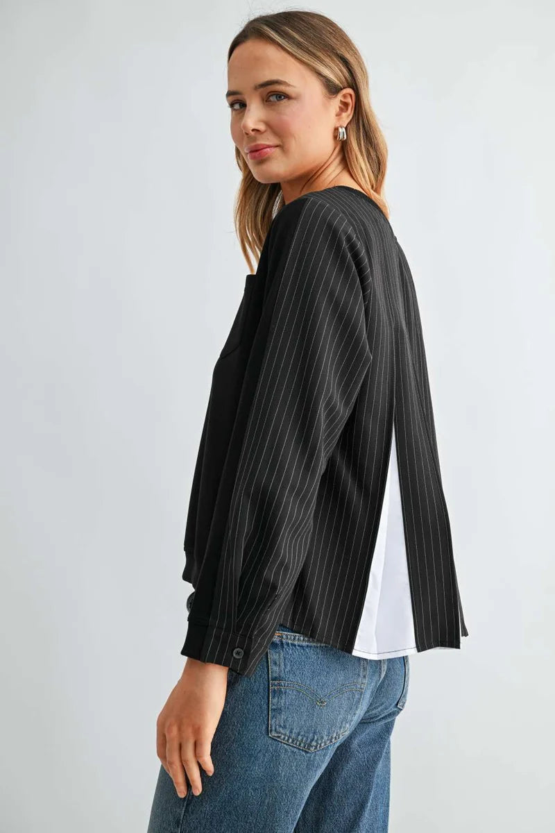 Karter Pinstripe Pleated Back Top