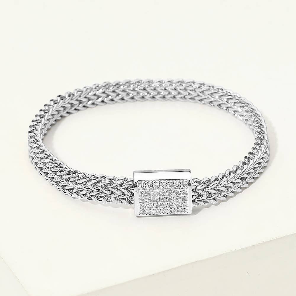 14K Gold Plated CZ Pave Clasp Accent Braided Mesh Magnetic Bracelet