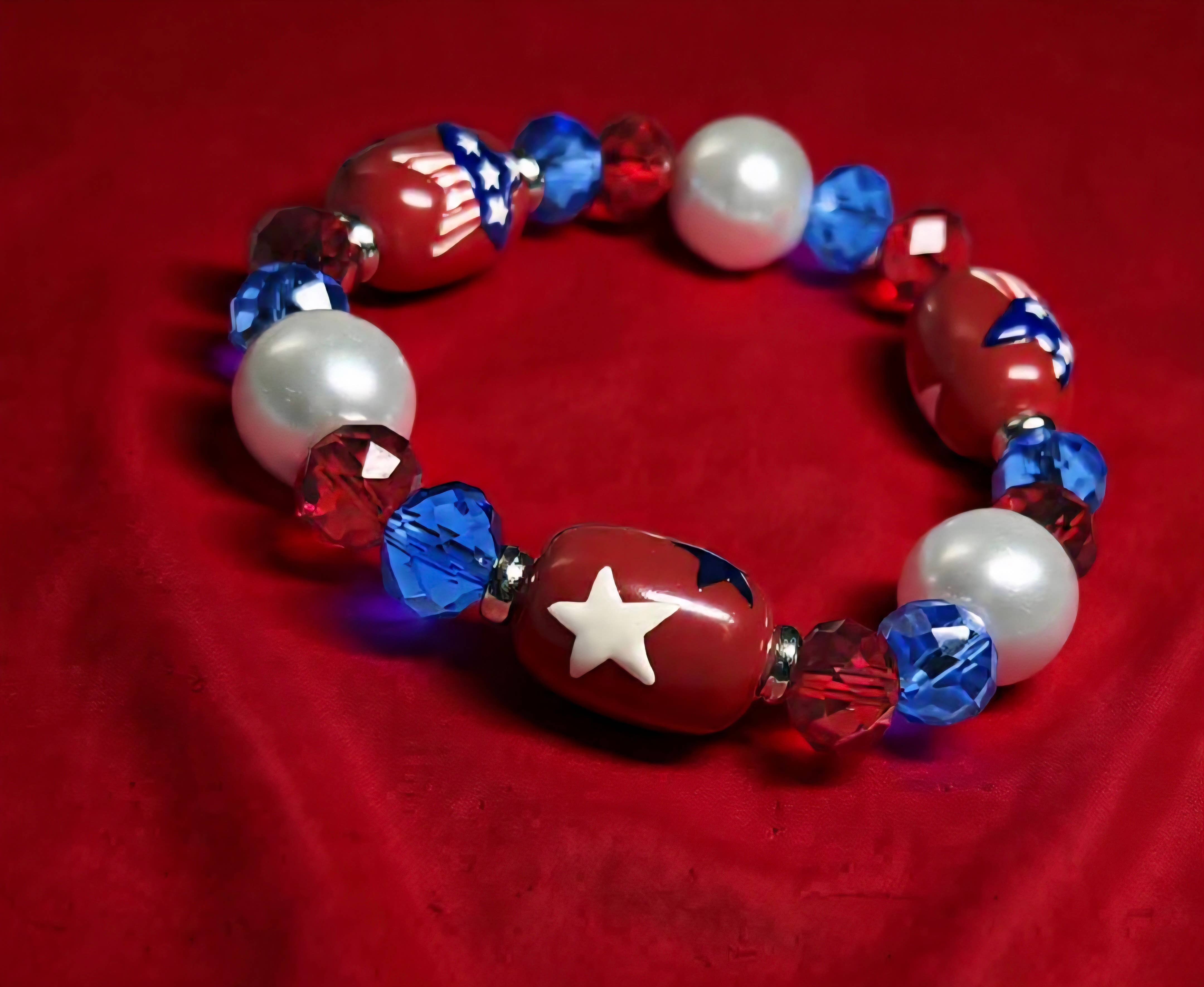 July 4th Star Red White Blue Beaded Stretch Bracelet