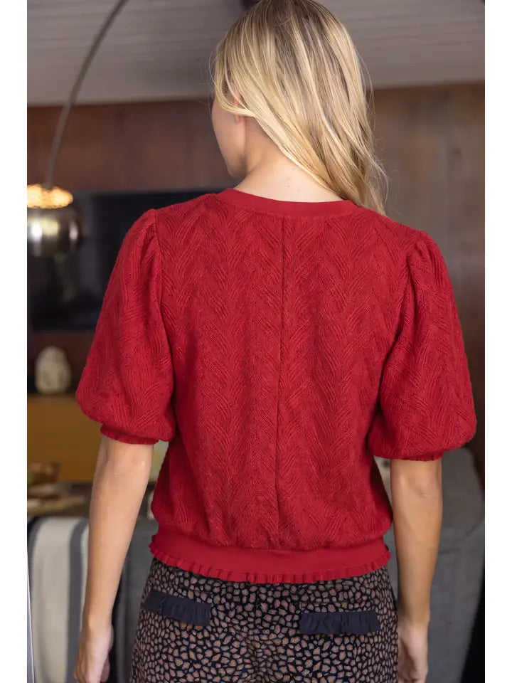 Red Braid Sweater Knit Short Bubble Sleeve Top