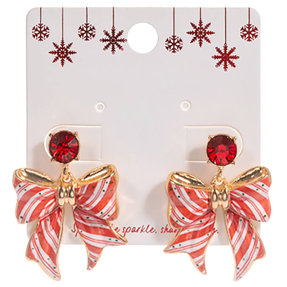 Christmas Candy Cane Bow Drop Dangle Earrings