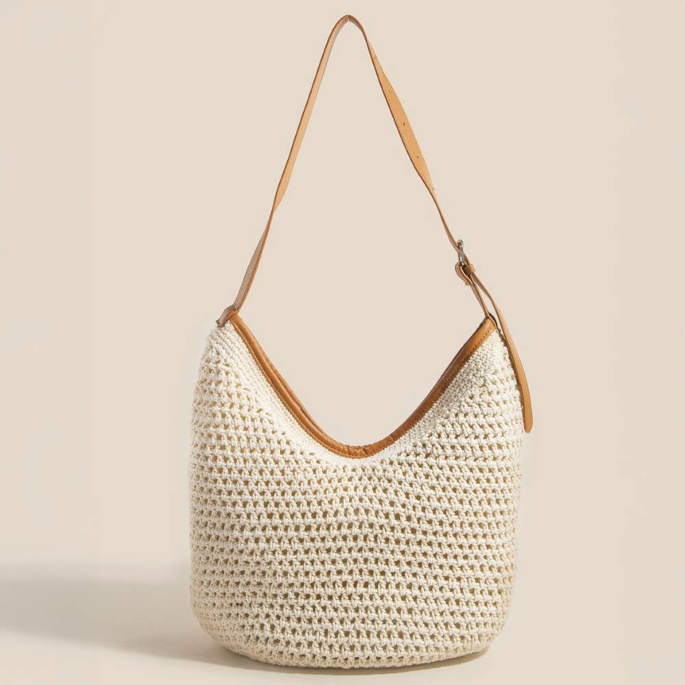 Straw Braided Leather Trim Shoulder Bag