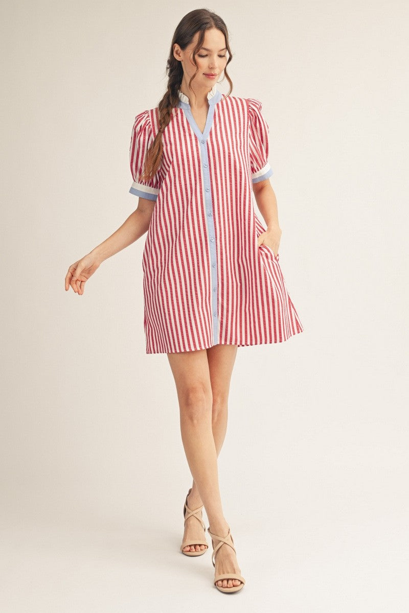 Red Button Down Stripe Shift Dress