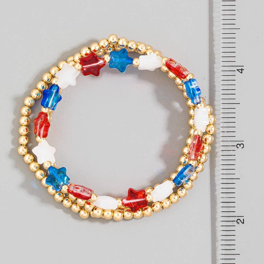 Patriotic Star Bead & Gold Ball Stretch Bracelet Set