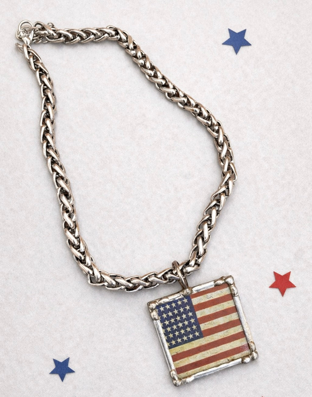 Silvertone Flag Frame Snake Chain Necklace