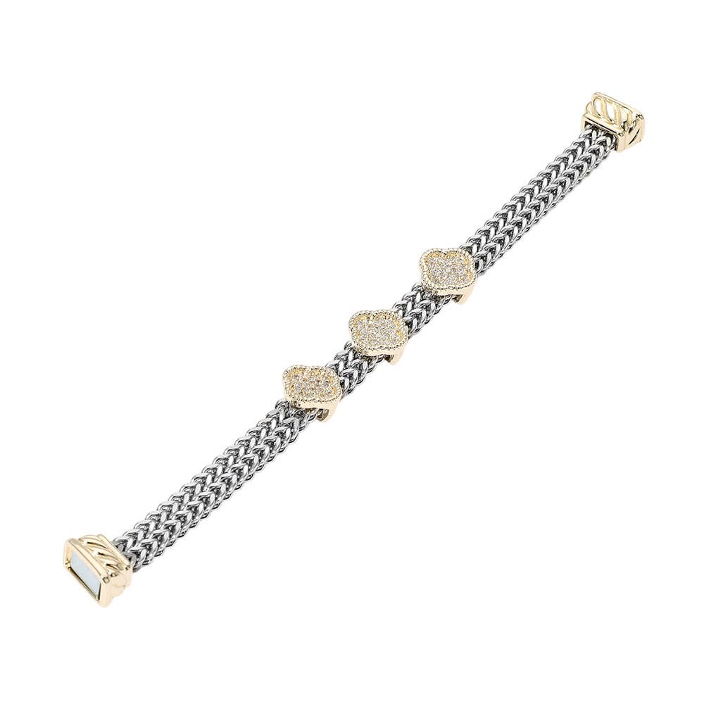 14K Gold Plated Two Tone CZ Pave Triple Quatrefoil Accent Woven Band Magnetic Bracelet
