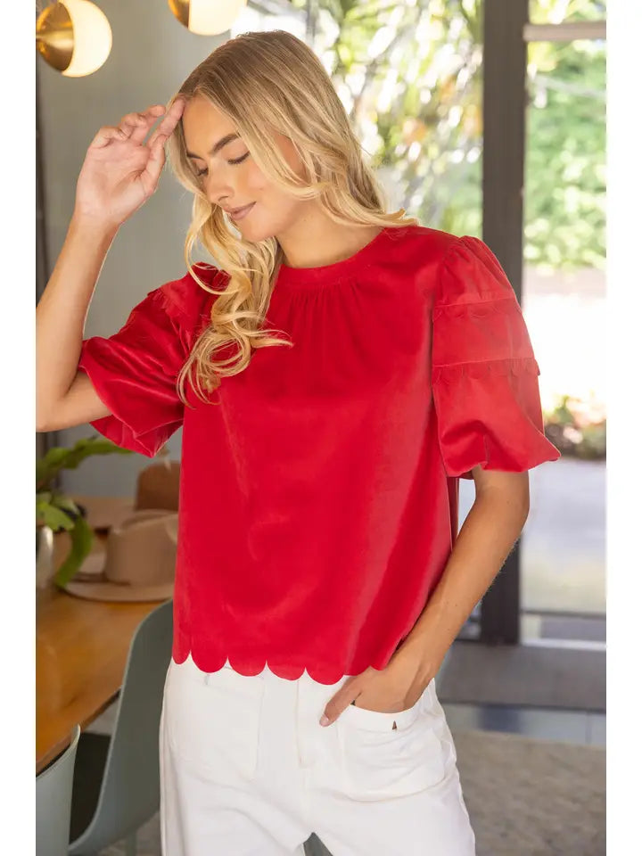 Scalloped Hemline Bubble Sleeve Solid Corduroy Top