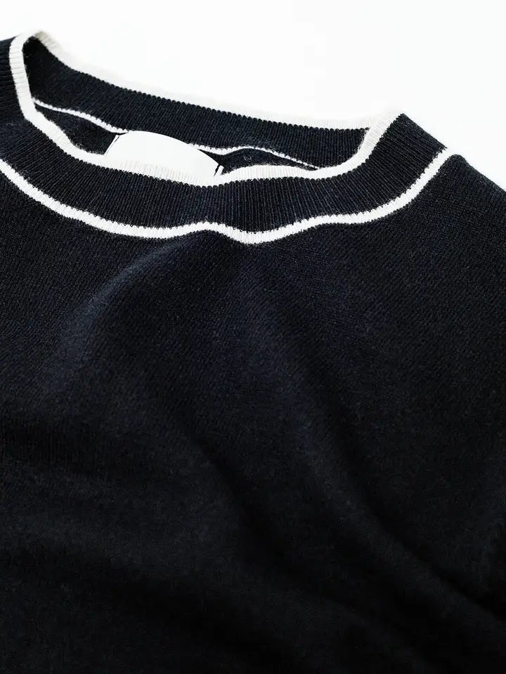 Black Short Sleeve Sweater with White Line Detail