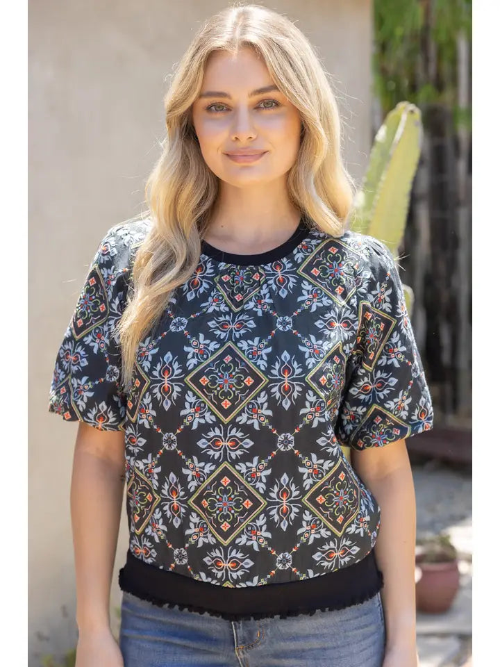 Black Band Detail Ornamental Tile Embroidered Print Top