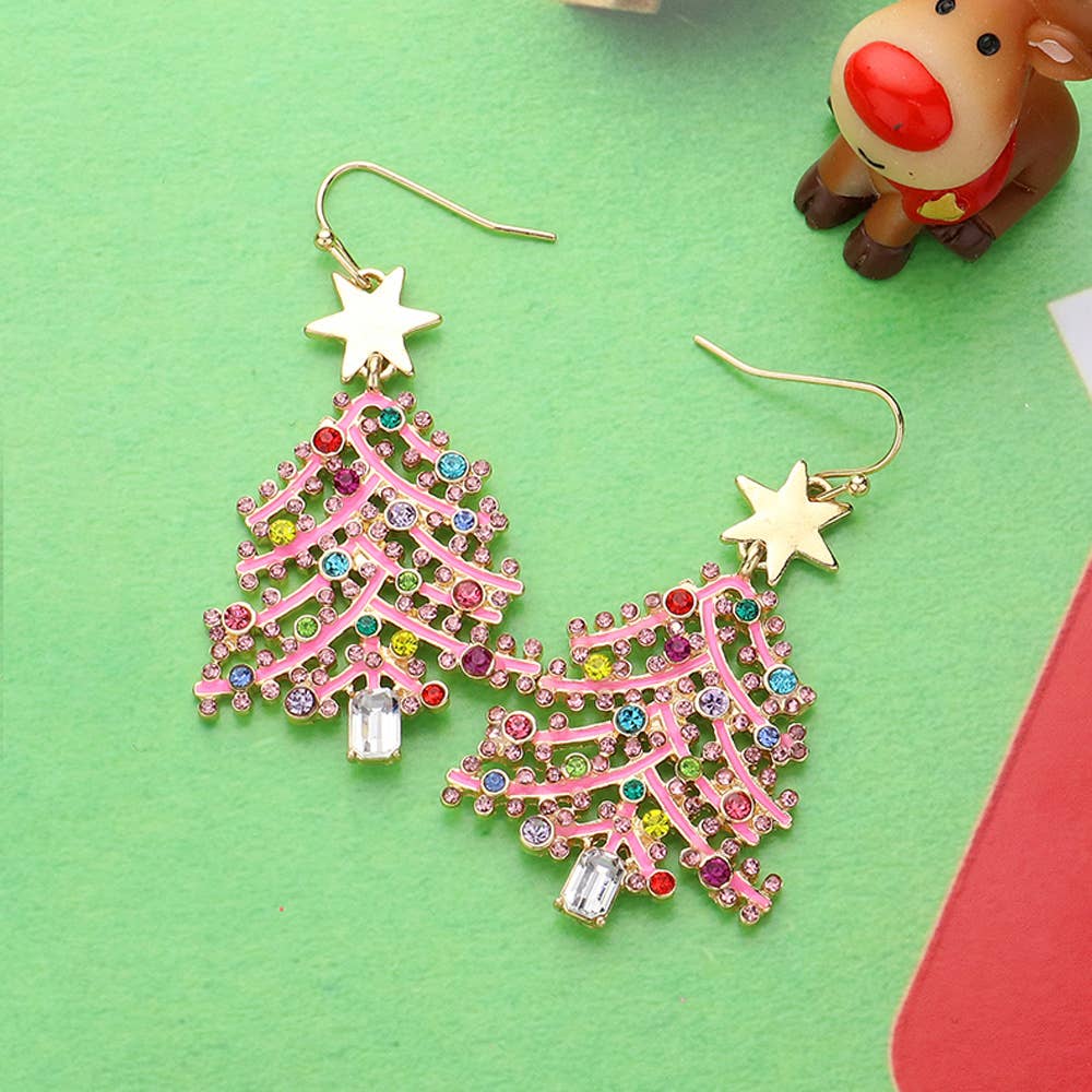 Stone Embellished Enamel Christmas Tree Dangle Earrings