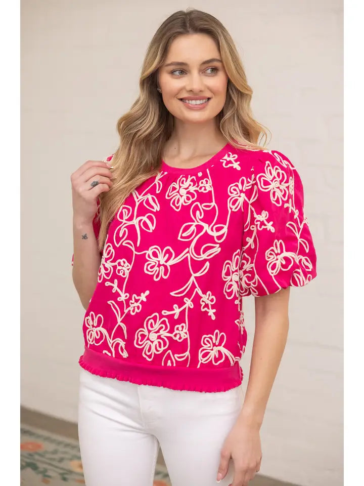 Pink Floral Embroidered Short Bubble Sleeve Top