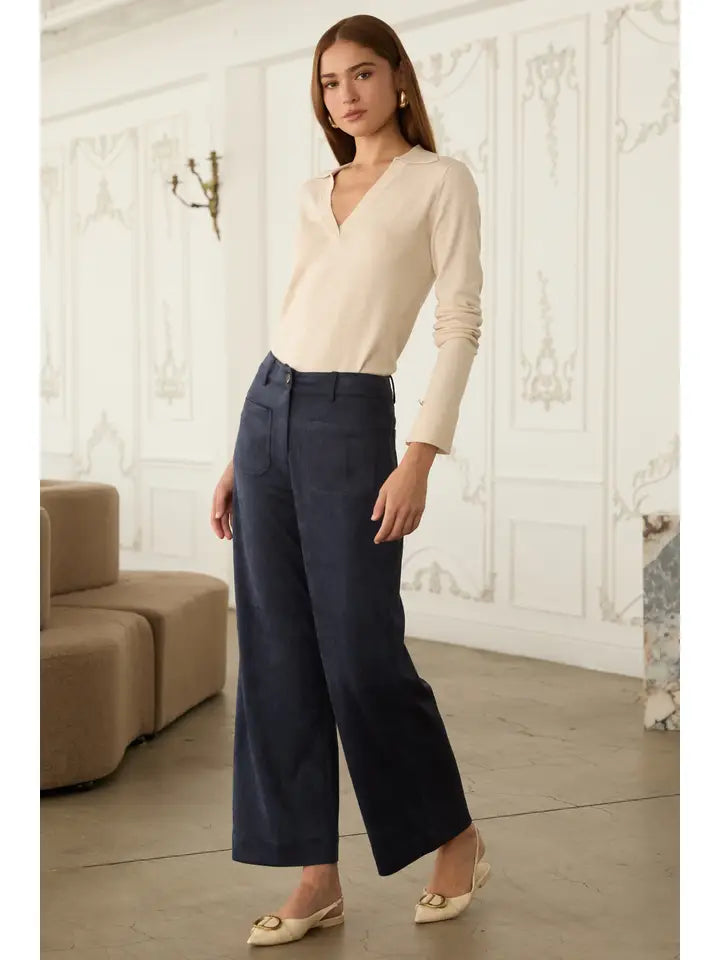 Navy Faux Suede Wide Leg Pants with Front Pockets