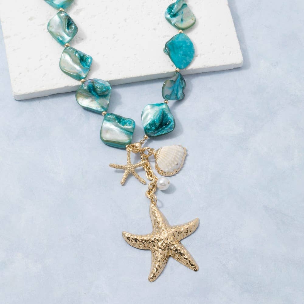 Gold Starfish & Sea Charm Drop Shell Stone Necklace