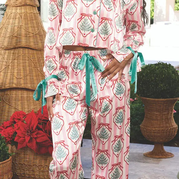 Ruffled Pj Set with Velvet Ties - Pink Stripes + Doily Trees