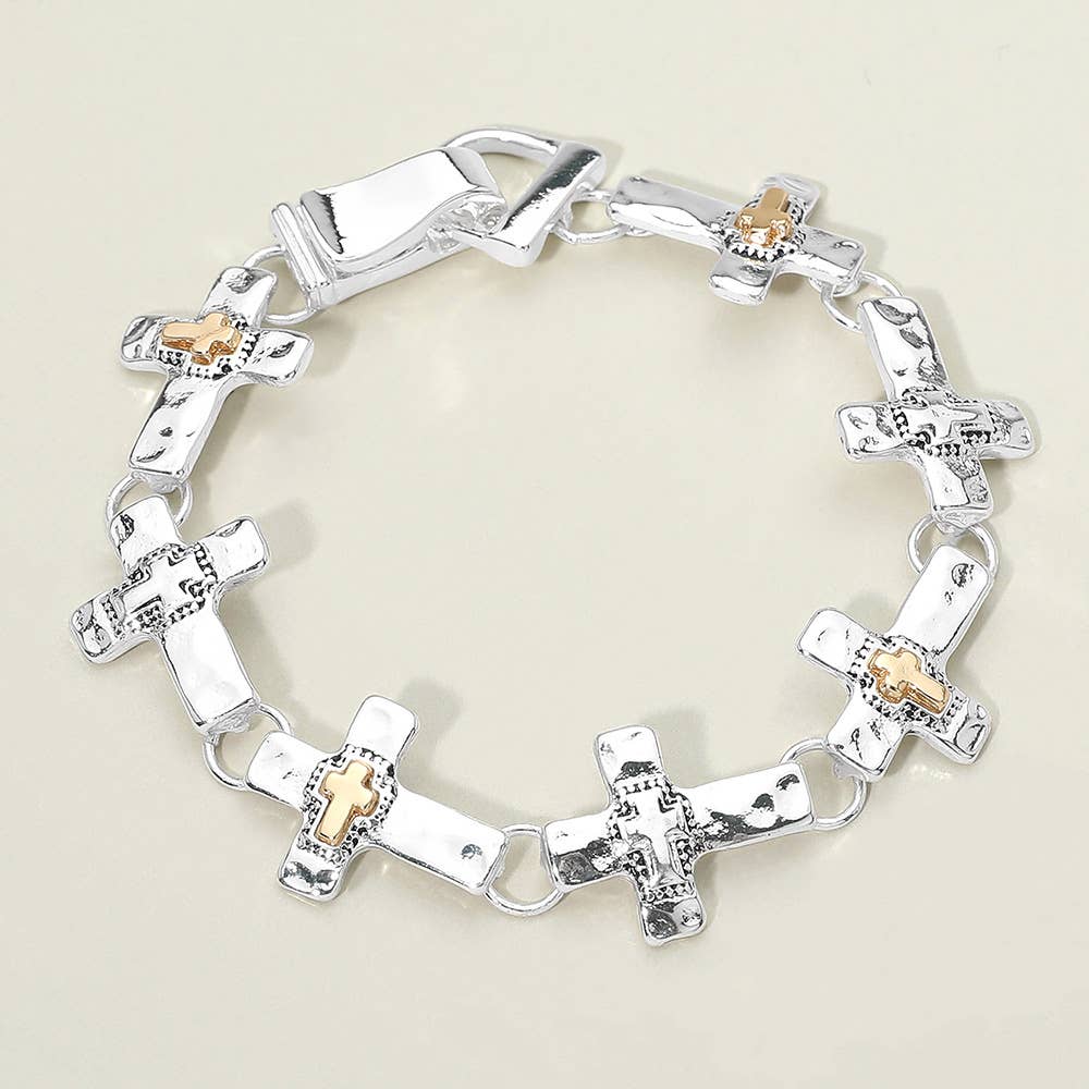 Two Tone Cross Charm Link Magnetic Bracelet