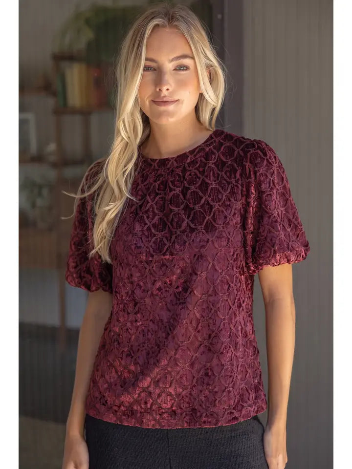 Trellis Trimmed Crushed Velvet Bubble Sleeve Top