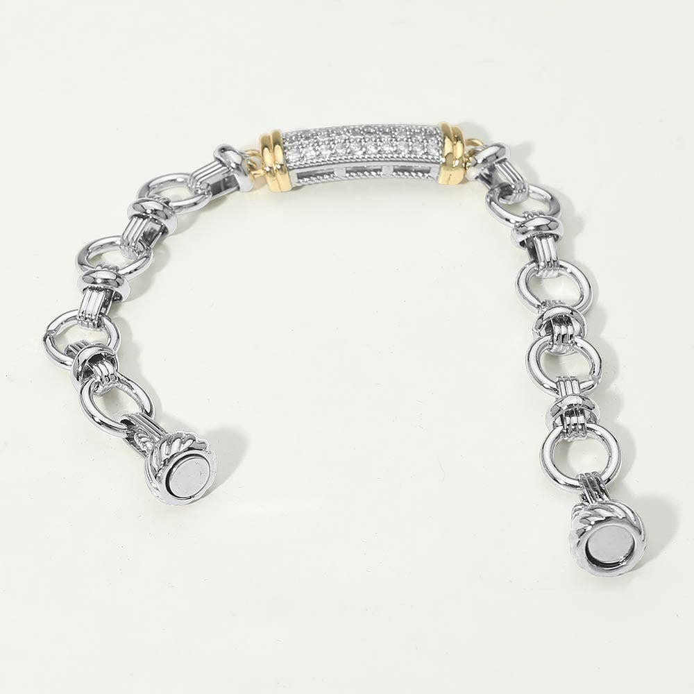 14K Gold Plated Two Tone CZ Pave Bar Accent Link Magnetic Bracelet