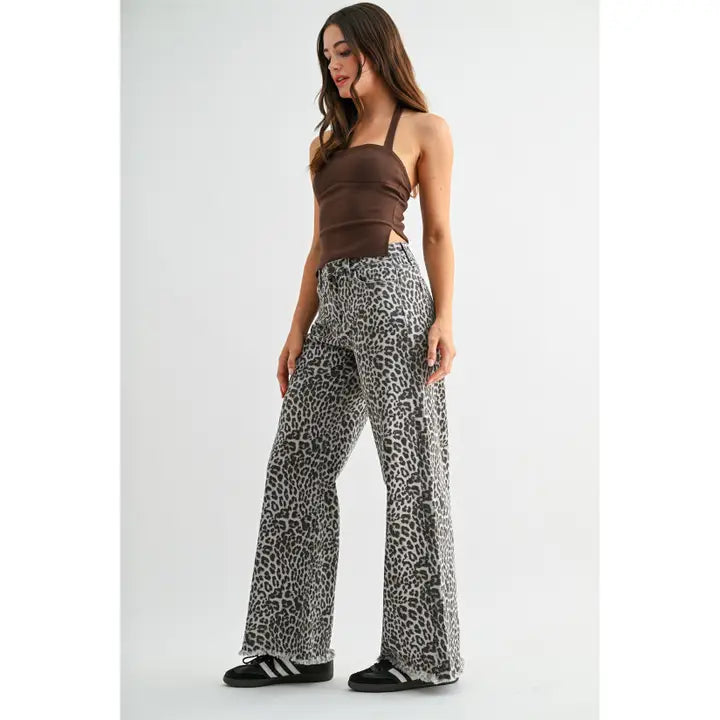 High-Rise Wide Leg Frayed Hem Leopard Jeans