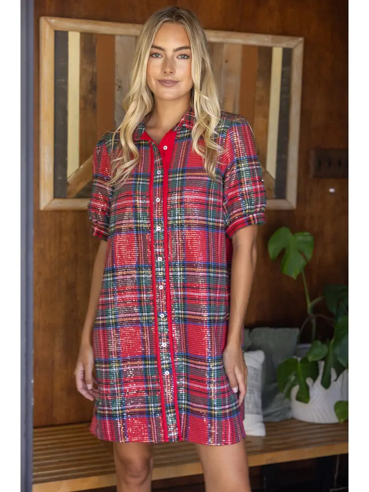 Red Collared Button Down Plaid Sequins Dress