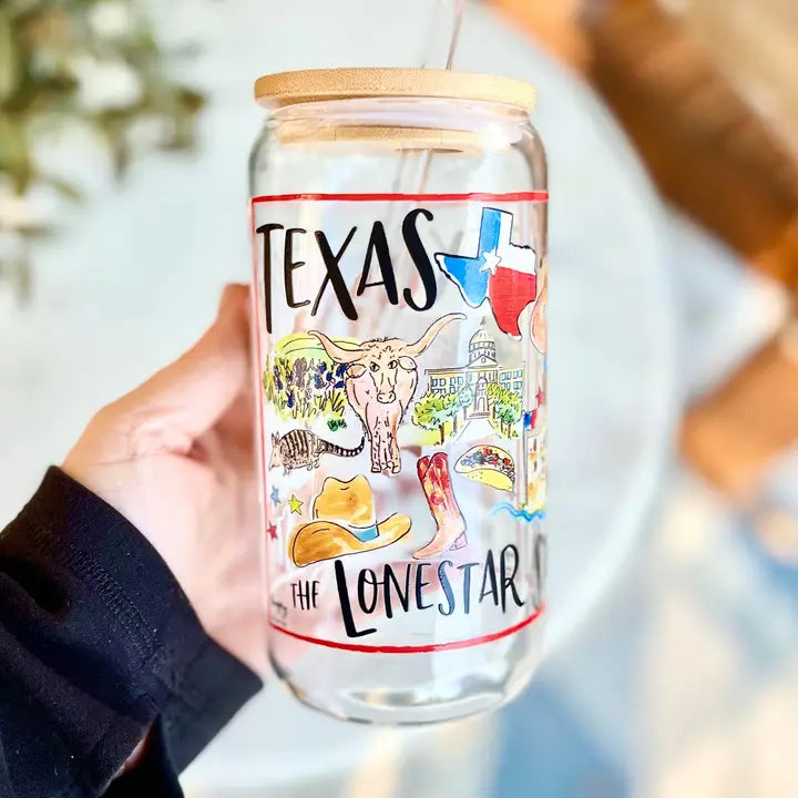 State of Tx Glass with Bamboo Lid and Glass Straw