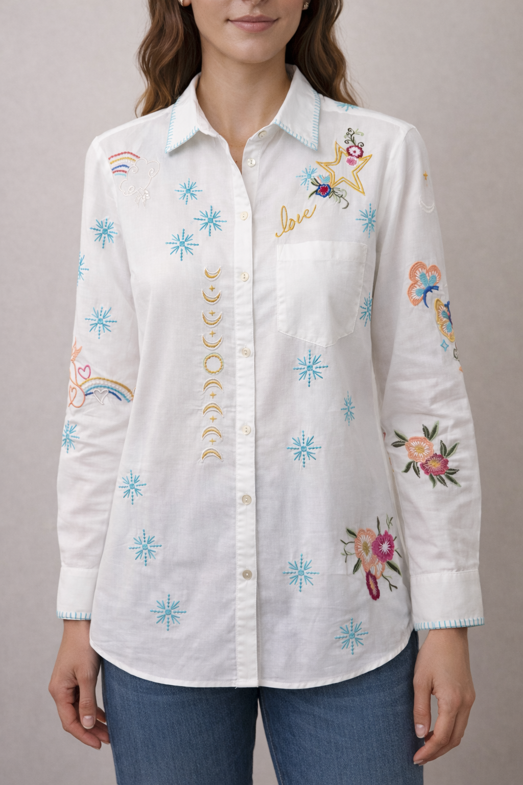 White LS Flower Embroidered Button Up Top
