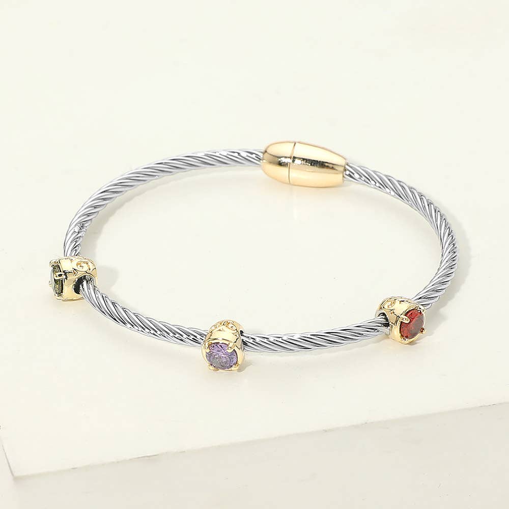 14K Gold Plated Triple CZ Bezel Accent Twisted Cable Magnetic Bangle Bracelet