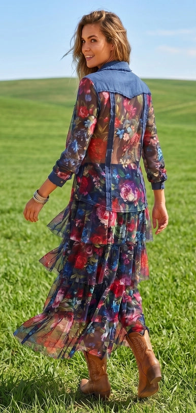 Floral Linen Mesh Button Front Top