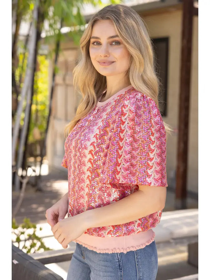 Coral Ribbed Knit Band Detail Vertical Stripe Sequins Top