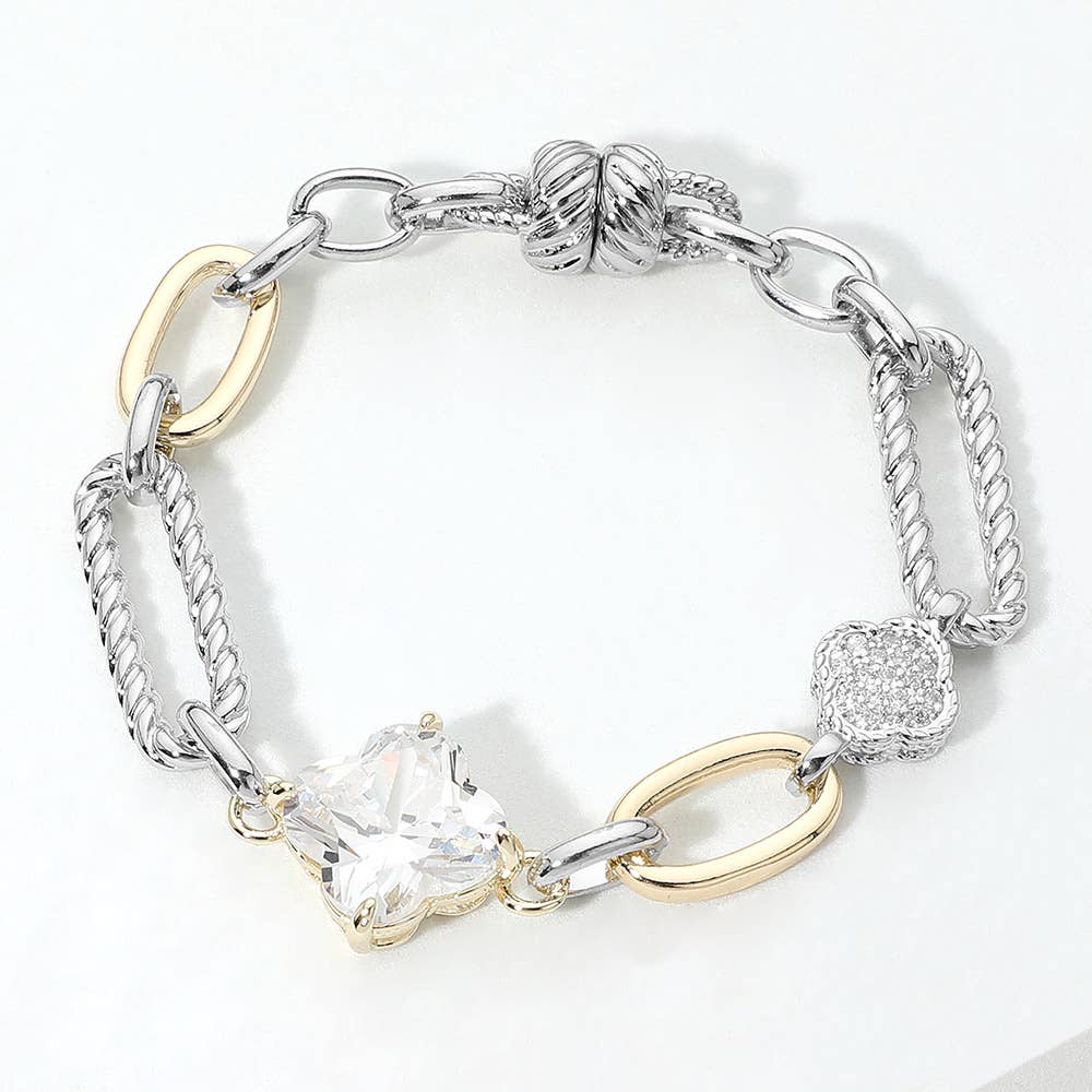 14K Gold Plated Two Tone CZ Quatrefoil Charm Accent Textured Link Bracelet