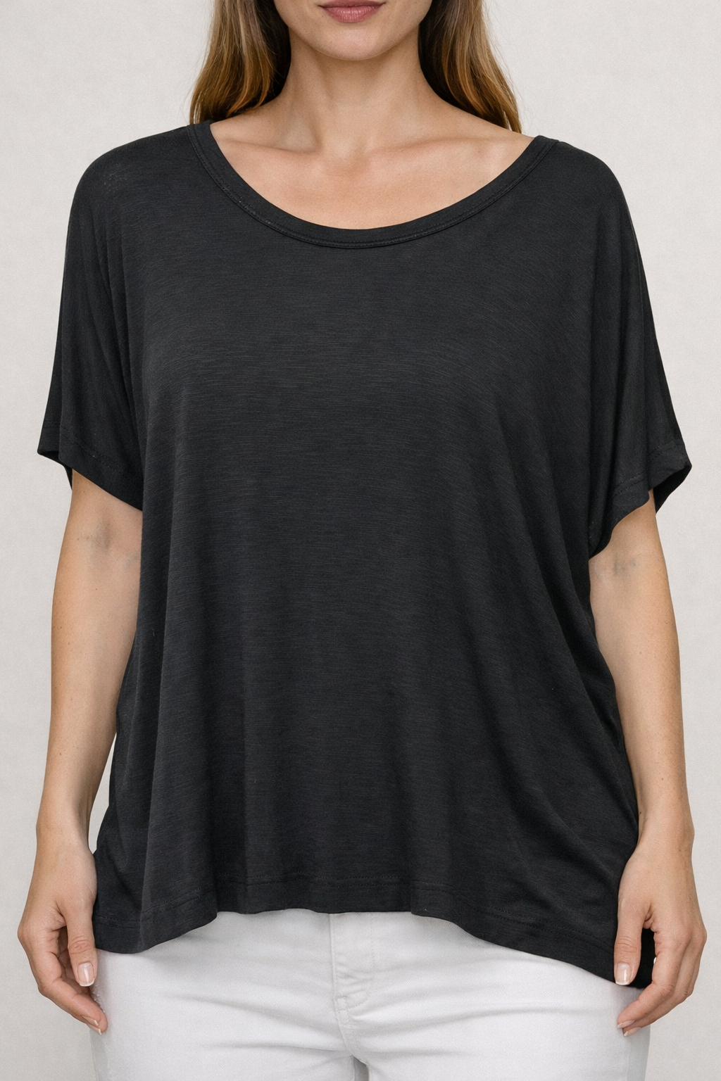 Black Jersey Crew Neck Top with Shirred Back
