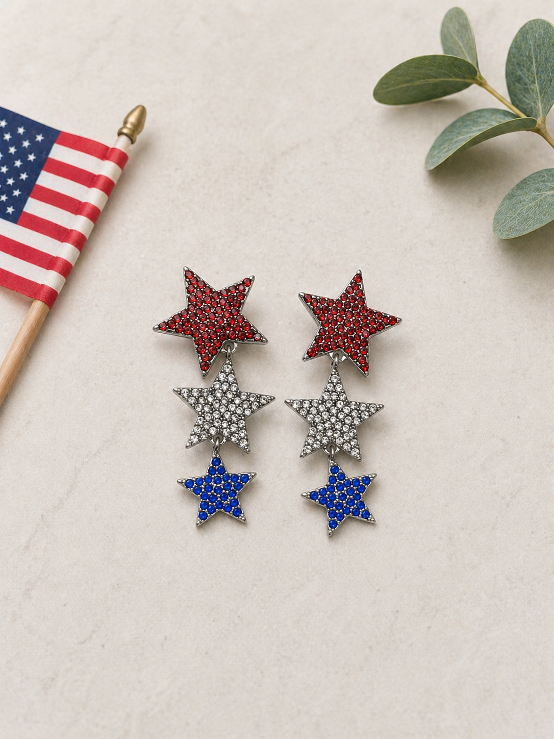 Patriotic Triple Star Crystal Earrings