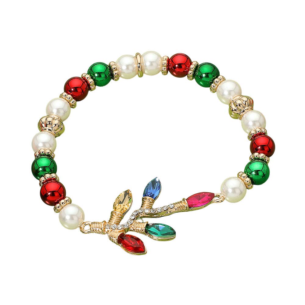 Christmas Holiday Light Charm Pearl Beaded Stretch Bracelet