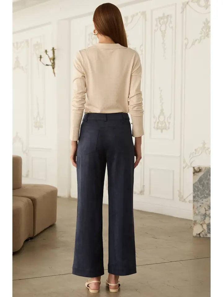Navy Faux Suede Wide Leg Pants with Front Pockets