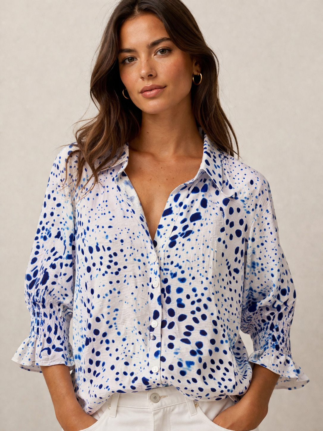 Blue Drip Drop Button Front Top